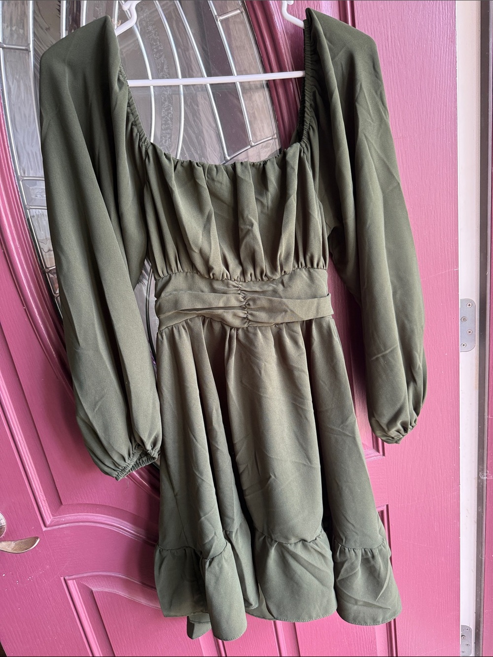 SHEIN Olive Green Long Sleeve Square Neck Mini Dress with Sash